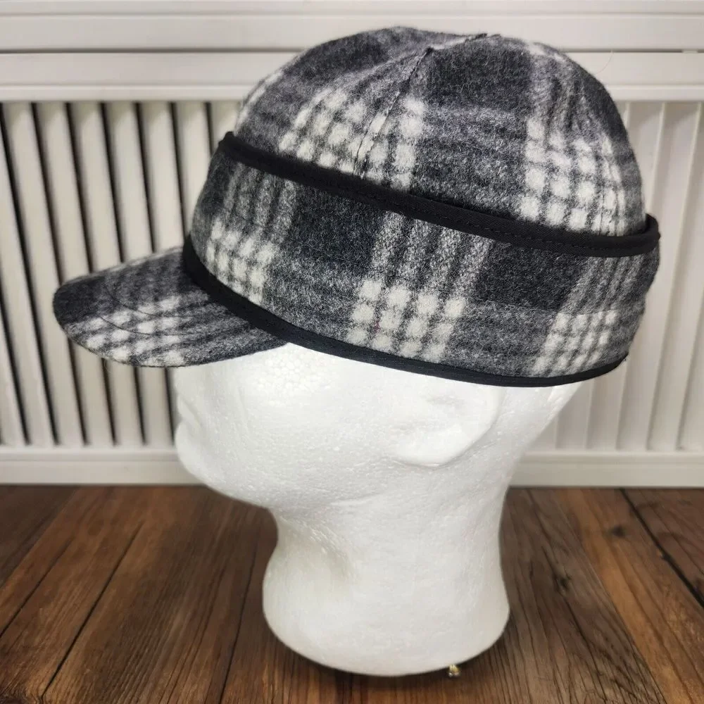VTG Stormy Kromer Wool Hat Cap Fitted 6 7/8 Gray Plaid Made in USA Mens Outdoors